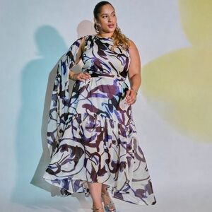 Eloquii Satin Abstract Print Cape Sleeve Dress Plus Size Midi Statement Piece
